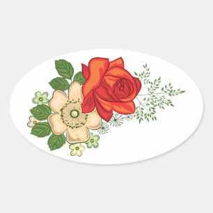 Rode Roos en Madeliefjes Ovale Sticker