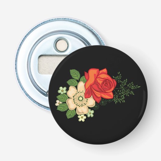 Rode Roos en Madeliefjes Zwarde Achtergrond Button Flesopener (Voorkant)