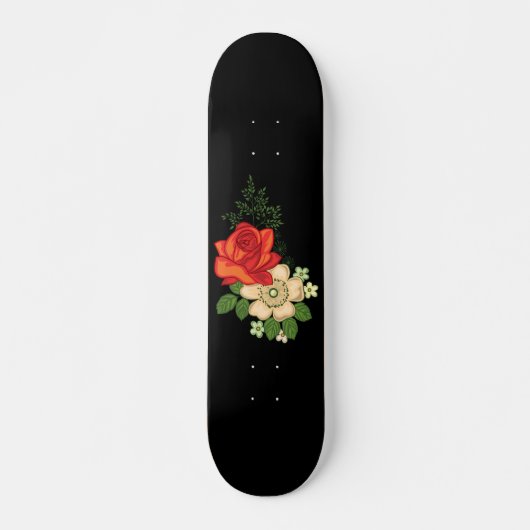 Rode Roos en Madeliefjes Zwarde Achtergrond Skateboard (Voorkant)