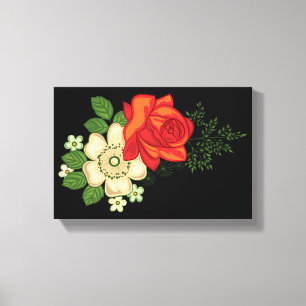 Rode Roos en Madeliefjes Zwarte Achtergrond Canvas Afdruk