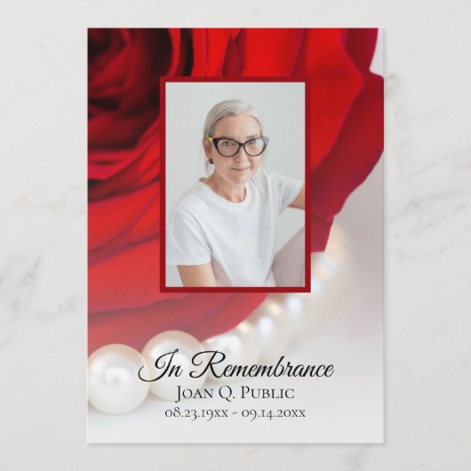 Rode roos en parels begrafenisdienst programmakaart (Voorkant)