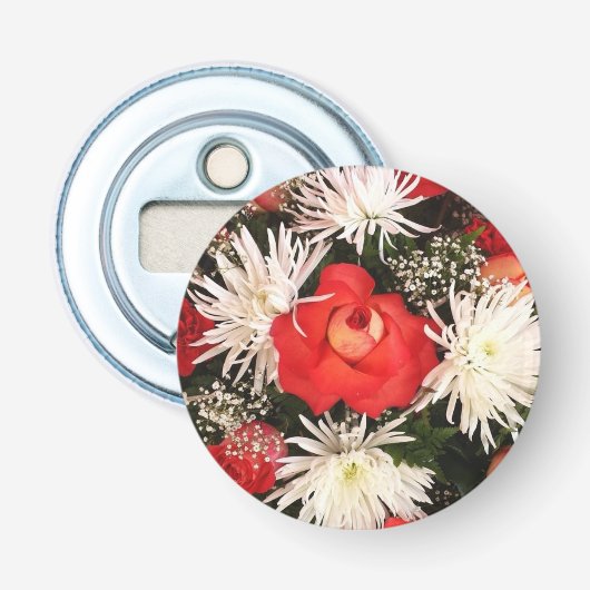 Rode Roos en Witte Bloemen Boeket Button Flesopener (Voorkant)