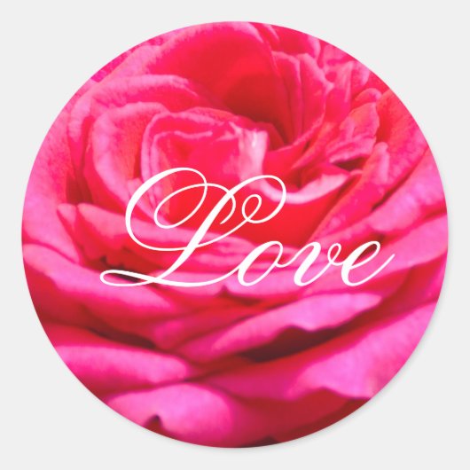 Rode roos en witte LOVE tekst Ronde Sticker (Voorkant)