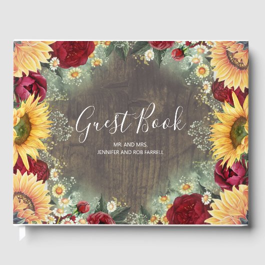 Rode Roos en Zonnebloem Rustieke Herfst Bruiloft Gastenboek (Voorkant)