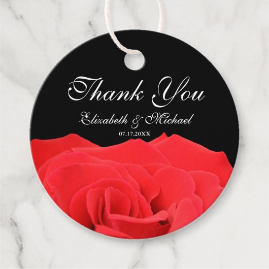 Rode Roos en Zwarte Bruiloft Dank U Bedankjes Labels (Voorkant)
