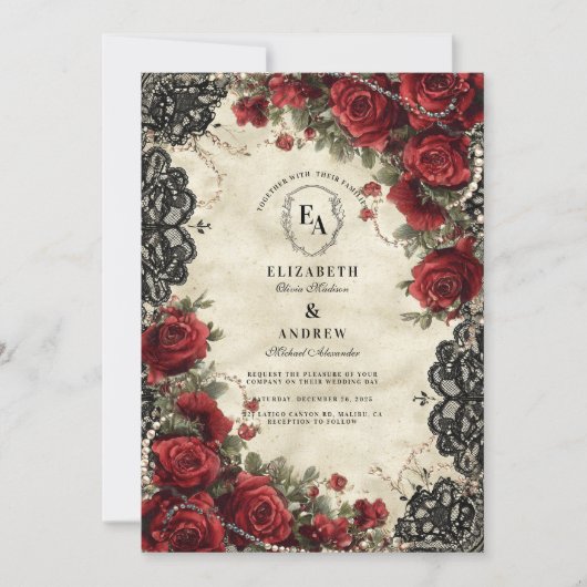  rode roos en zwarte kant bruiloft kaart (Voorkant)