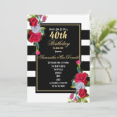 Rode roos en zwarte streep 40e verjaardag kaart (Staand voorkant)