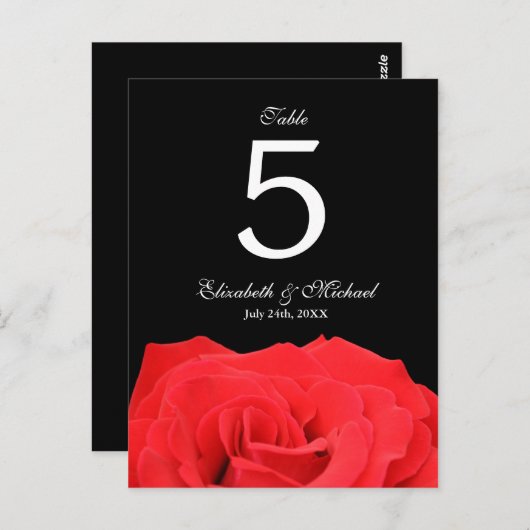 Rode Roos en Zwarte Trouwtafel Nummer Briefkaart (Voorkant / Achterkant)