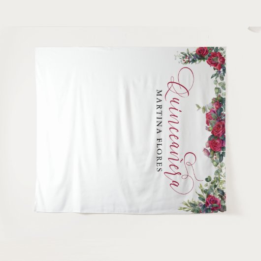 Rode Roos Eucalyptus Elegante Quinceanera Achtergr Wandkleed (Voorkant (horizontaal))