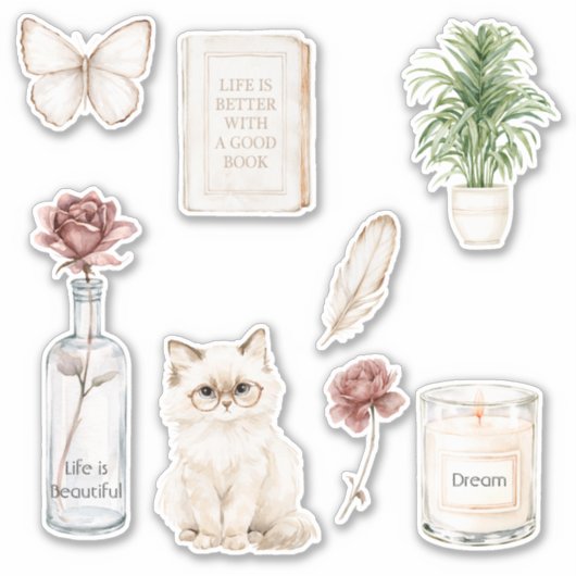 Rode Roos Fles Vlinder Kat Kaars Boek Veer Sticker (Voorkant)