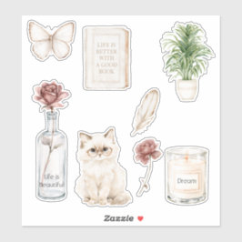 Rode Roos Fles Vlinder Kat Kaars Boek Veer Sticker