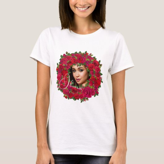 Rode Roos Foto Ontwerp Met Aangepaste Tekst T-shirt (Voorkant)