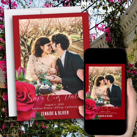 Rode Roos Foto Plat Save The Date Kaart