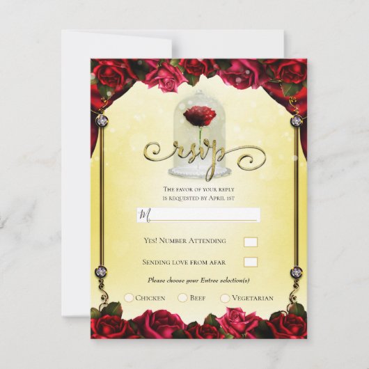 Rode Roos Gele Goud Prinses Glitter Feest RSVP Kaart (Voorkant)