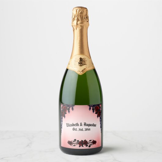 Rode Roos Gothic Bruiloft  Persoonlijke Fonkelende Sparkling Wijnetiket (Voorkant)