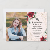 Rode Roos & Goud Waterverf Fotoafstudeerfeest Kaart (Voorkant)