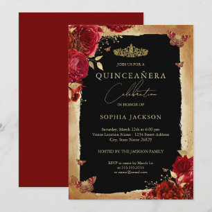 Rode Roos Gouden Elegante Quinceanera Uitnodiging