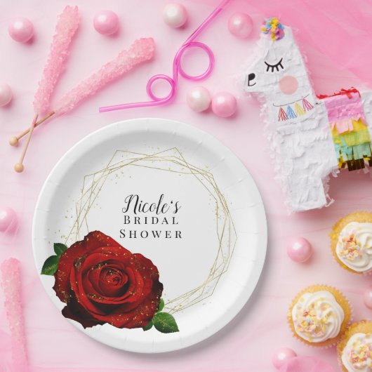 Rode Roos Gouden Geometrische Glam Bruiloftsdouche Papieren Bordje (Feest)