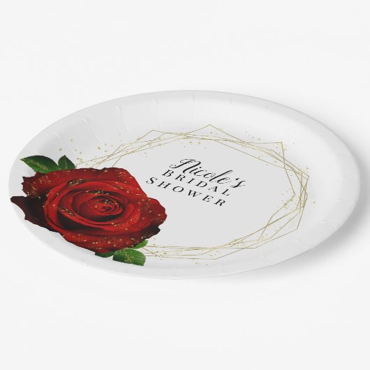 Rode Roos Gouden Geometrische Glam Bruiloftsdouche Papieren Bordje (Gekanteld)