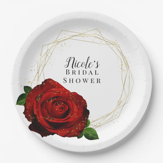 Rode Roos Gouden Geometrische Glam Bruiloftsdouche Papieren Bordje (Voorkant)