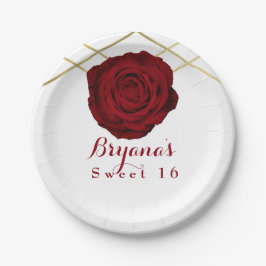 Rode Roos & Gouden Lijnen Bloemen Elegante Partij  Papieren Bordje