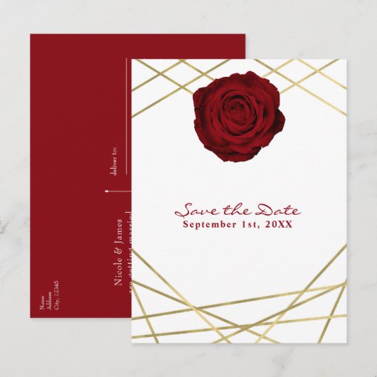 Rode Roos & Gouden Lijnen Bloemrijke Elegante Bewa Aankondigingskaart (Voorkant / Achterkant)