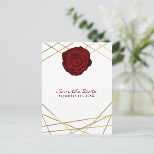 Rode Roos & Gouden Lijnen Bloemrijke Elegante Bewa Aankondigingskaart (Staand voorkant)