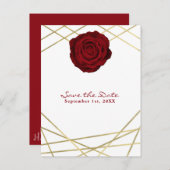 Rode Roos & Gouden Lijnen Bloemrijke Elegante Save Aankondigingskaart (Voorkant / Achterkant)