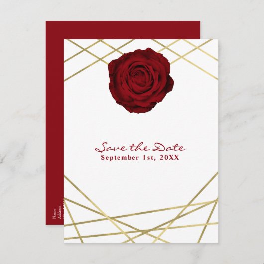 Rode Roos & Gouden Lijnen Bloemrijke Elegante Save Aankondigingskaart (Voorkant / Achterkant)