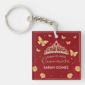 Rode Roos Gouden Quinceanera Sleutelhanger (voorkant)