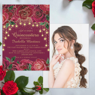 Rode Roos Gouden Slingerlicht Ster Foto Quinceañer Kaart
