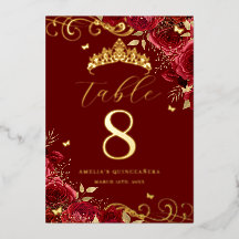 Rode Roos Gouden Swirl Quinceanera Tafelnummer