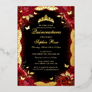 Rode Roos Gouden Vlinder Kant Quinceanera Verjaard Folie Uitnodiging