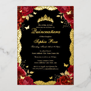 Rode Roos Gouden Vlinder Kant Quinceanera Verjaard Folie Uitnodiging