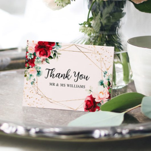 Rode Roos & Gouden Waterverf Bruiloft Dank u Kaart