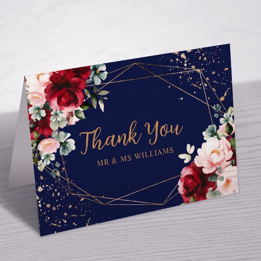 Rode Roos & Gouden Waterverf Bruiloft Dank u Kaart