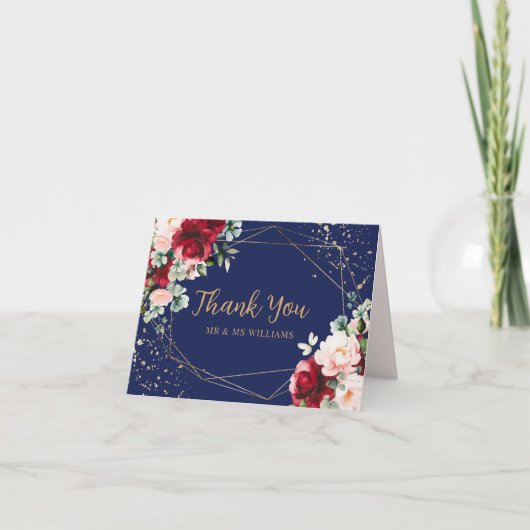 Rode Roos & Gouden Waterverf Bruiloft Dank u Kaart (Voorkant)