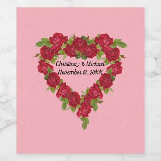  rode roos hart krans op roze wijn etiket (Enkel label)