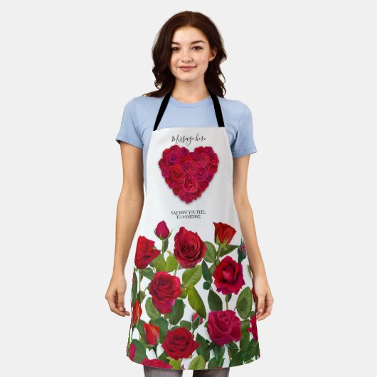 Rode Roos Hart Romantisch Bloemstuk Aangepaste Tek Schort (Gedragen)