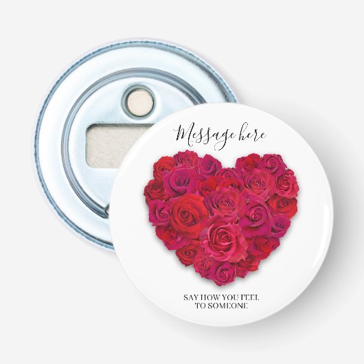 Rode Roos Hart Romantische Bloemen Aangepaste Teks Button Flesopener (Voorkant)