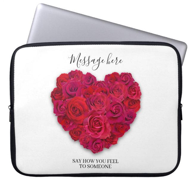 Rode Roos Hart Romantische Bloemen Aangepaste Teks Laptop Sleeve (Voorkant)