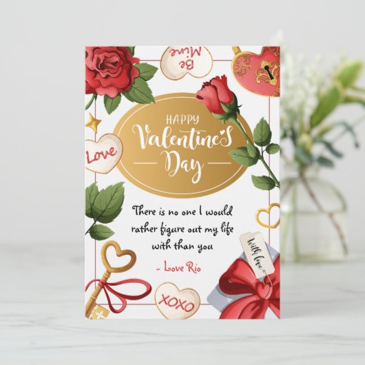 Rode Roos Hart Slot & Sleutel Romantisch Frame Val Feestdagenkaart (Staand voorkant)