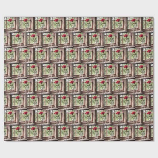 Rode roos in boerenraam cadeaupapier (Vlak)