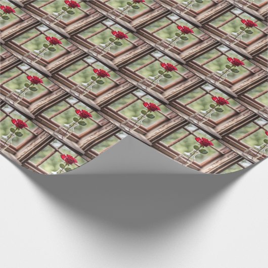 Rode roos in boerenraam cadeaupapier (Hoek)