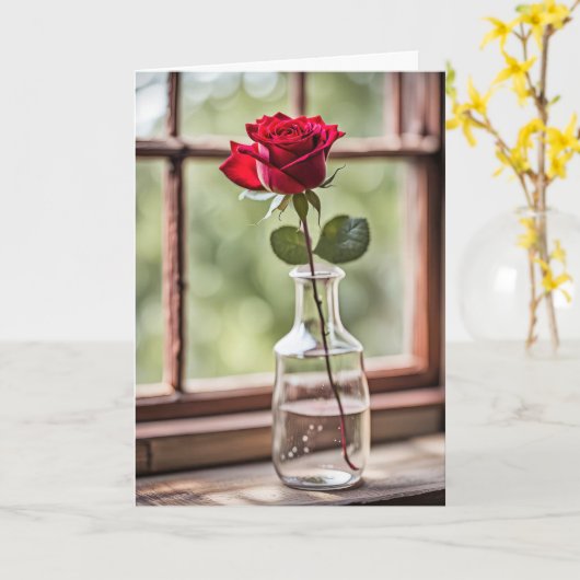Rode Roos in Fles Verjaardag Kaart (Gele Bloem)