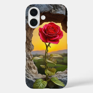 Rode Roos in Stenen Muur Vintage Natuur Bloemstuk iPhone 16 Hoesje