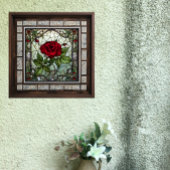 Rode Roos In Venster Vine Border Glas-in-lood Look Tegeltje