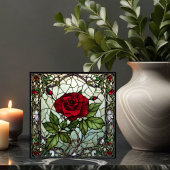 Rode Roos In Venster Vine Border Glas-in-lood Look Tegeltje