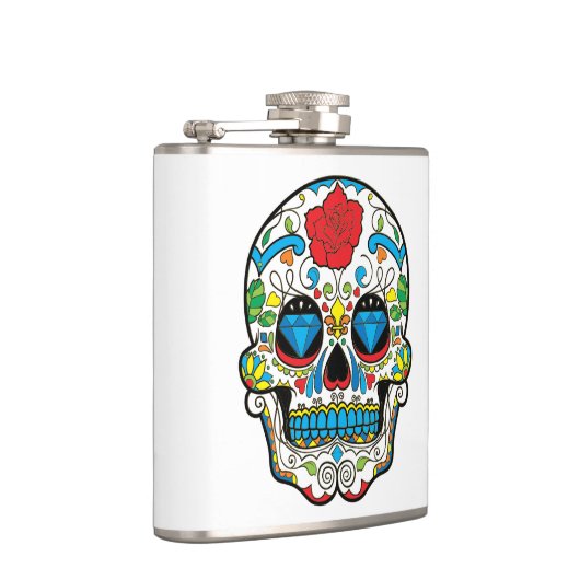 Rode roos & kleurrijke retro bloemenschedel heupfles (Rechts)