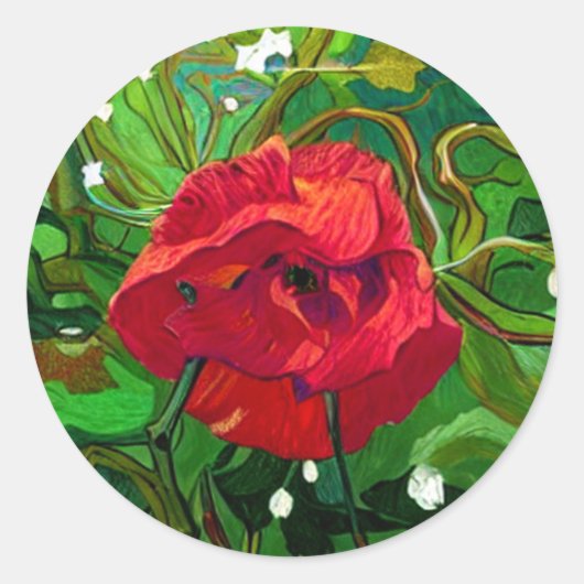RODE ROOS KUNST RONDE STICKER (Voorkant)